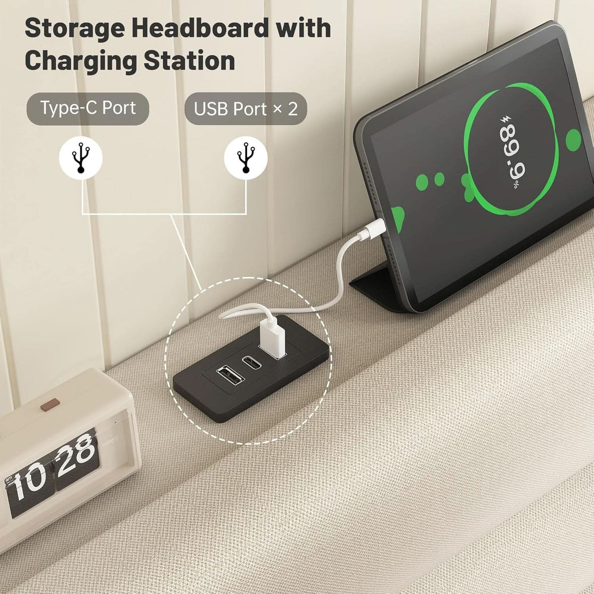 Beige Queen Size Upholstered Bed Frame Charging Ports