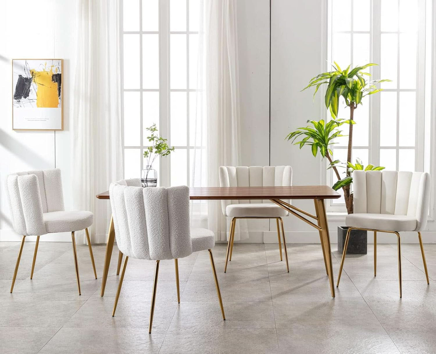 Cream Velvet Upholstered Dining Chairs Goldtone Legs