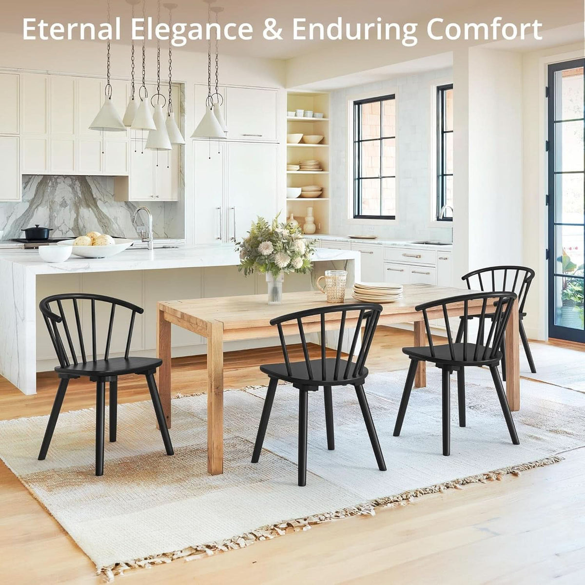 Black Farmhouse Wood Dining Chairs Semicircular Backrest
