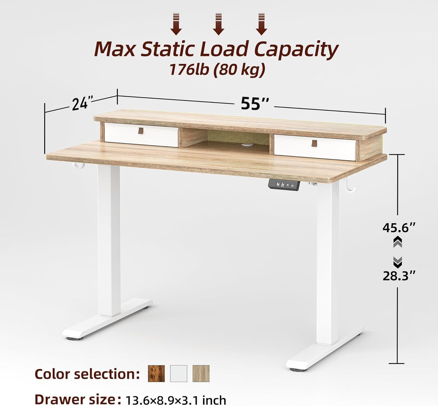 Maple 55x24 Electric Height Adjustable Desk Drawers