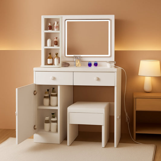 White Vanity Table Set With Extra Large Storage Drawers