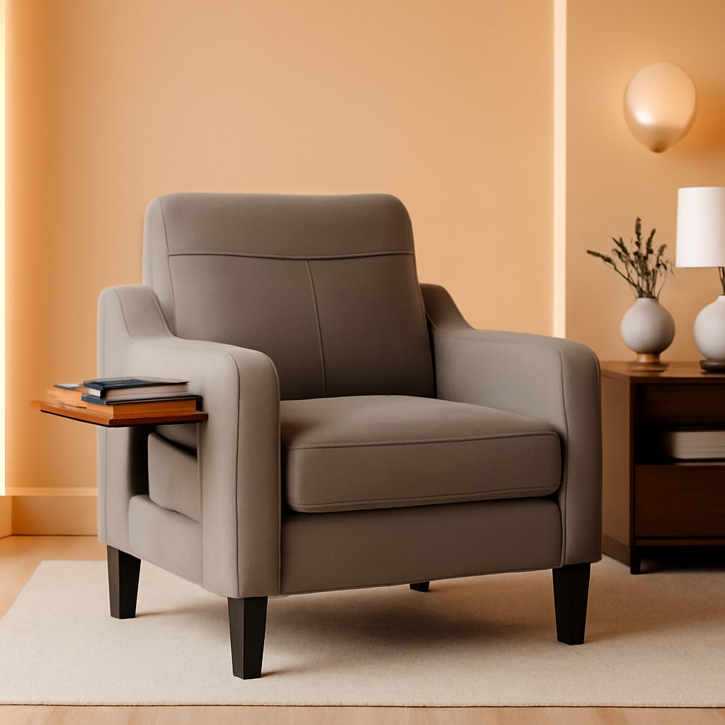 Linen Upholstered Accent Chair With Foldable Table