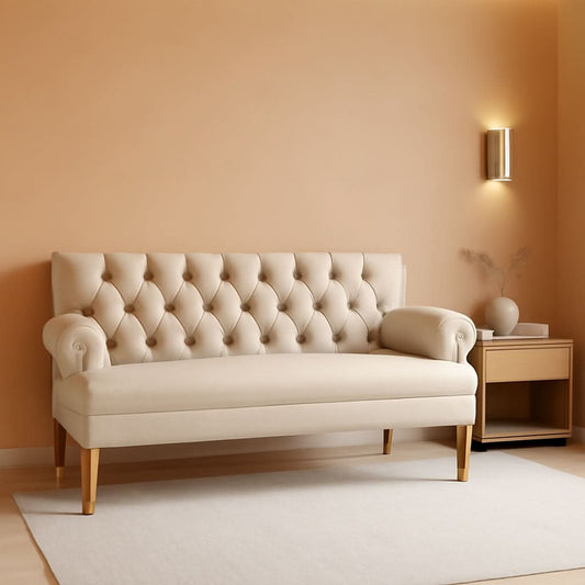 Warm Beige Tufted Loveseat Sofa Set With Rolled Arms And Linen Fabric