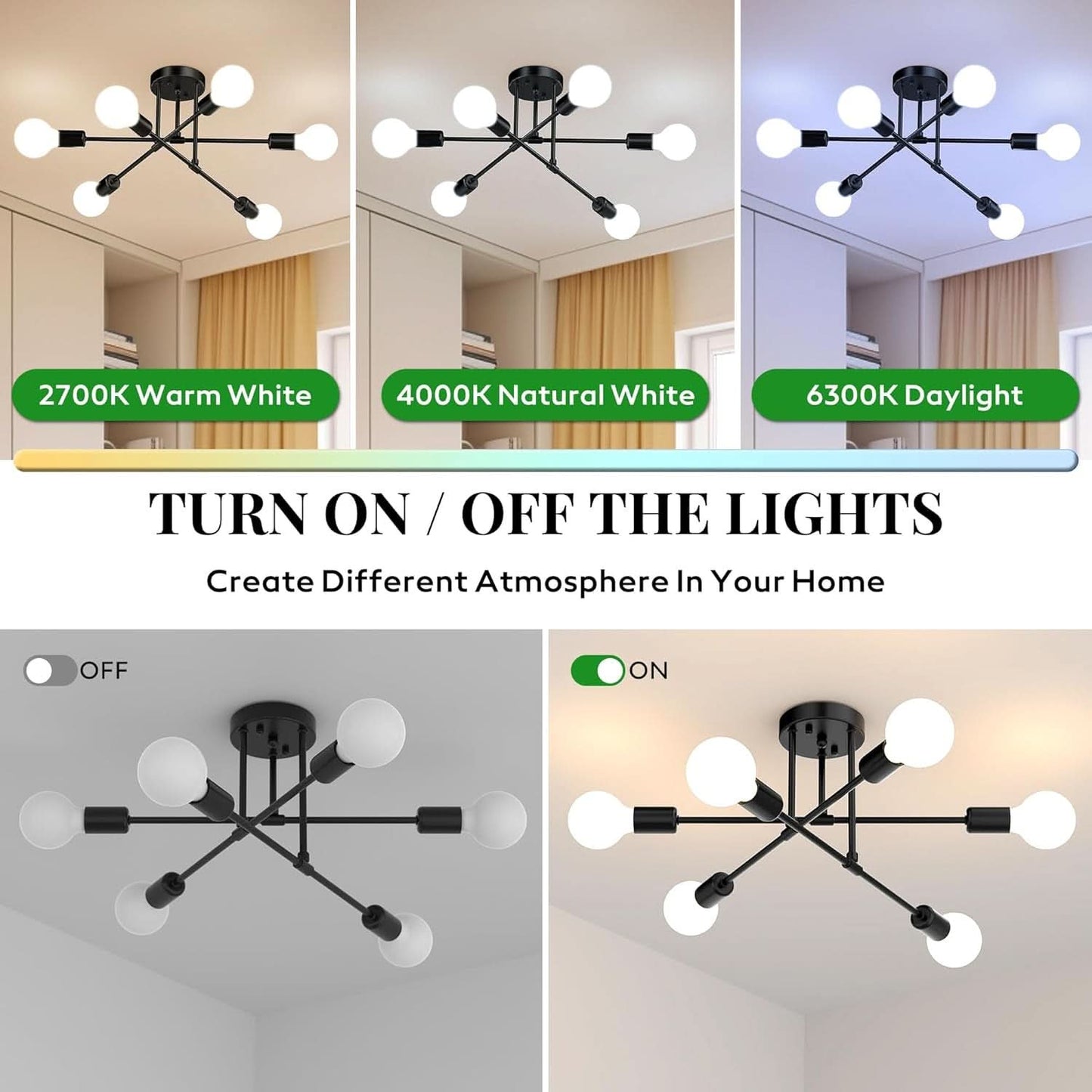 Midcentury Sputnik Chandelier 6 Light Black Ceiling