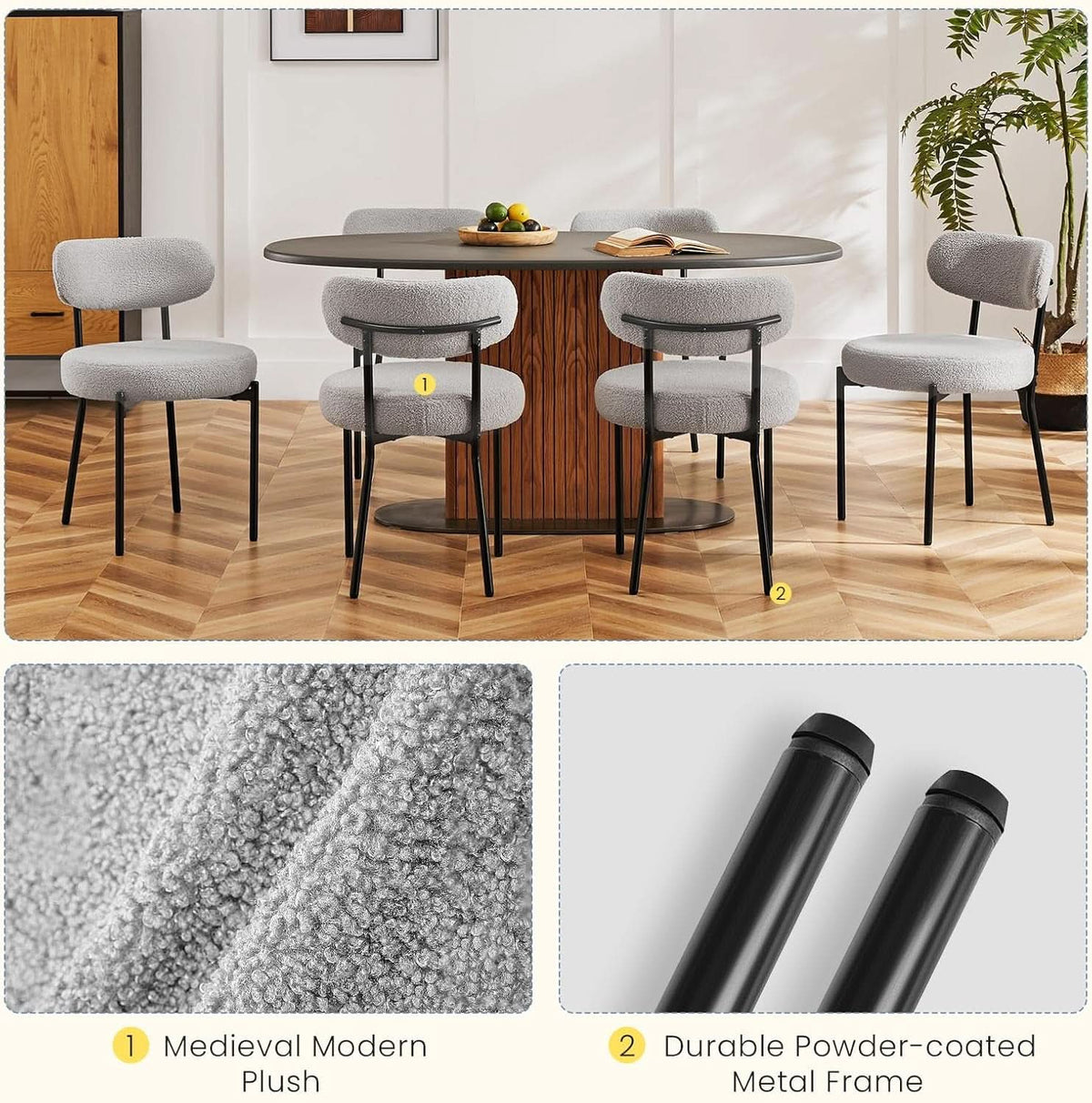 Industrial Boucle Upholstered Dining Chairs Light Grey