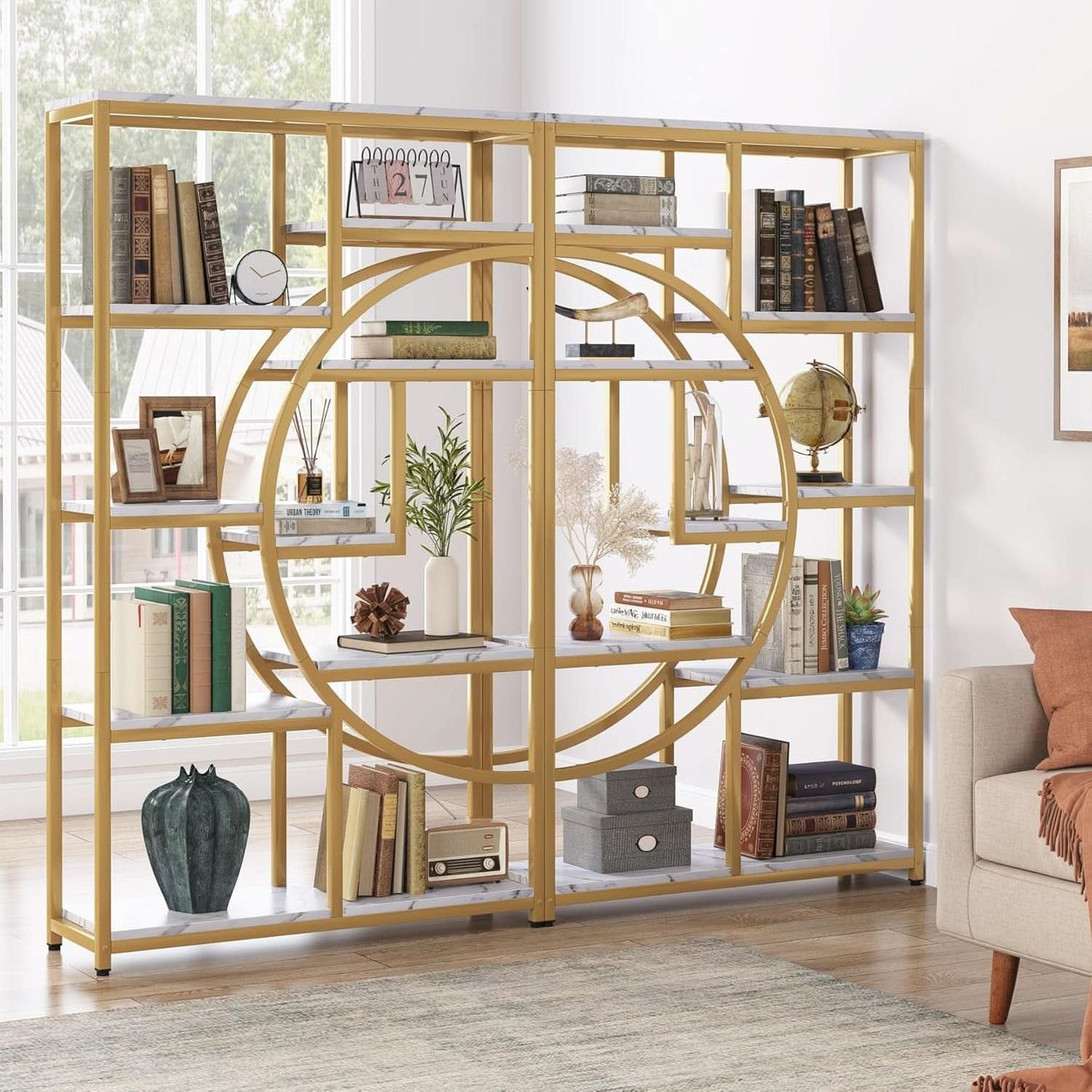Industrial 5 Tier Etagere Bookcase Gold Frame Shelves