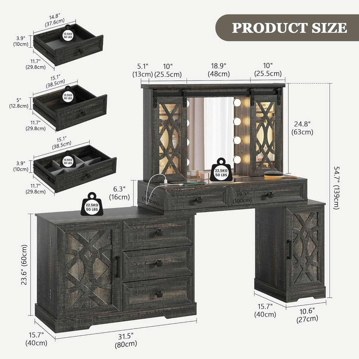 Brown Makeup Vanity With Illuminated Mirror Armoire