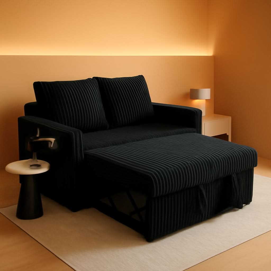 53 Inches Black Corduroy Fabric Sleeper Sofa USBPort