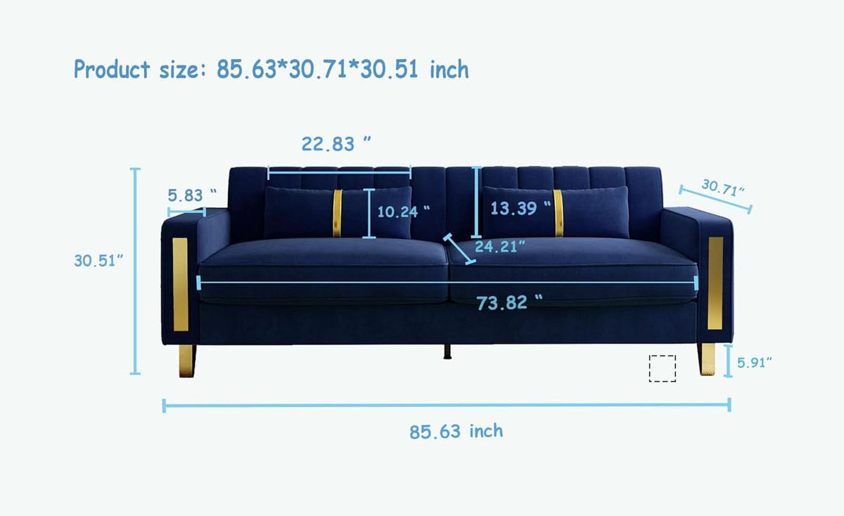 2 Piece Velvet Loveseat Sofa Set For Living Room 86 Inch Blue With Gold Metal Legs And 4 Pillows-1