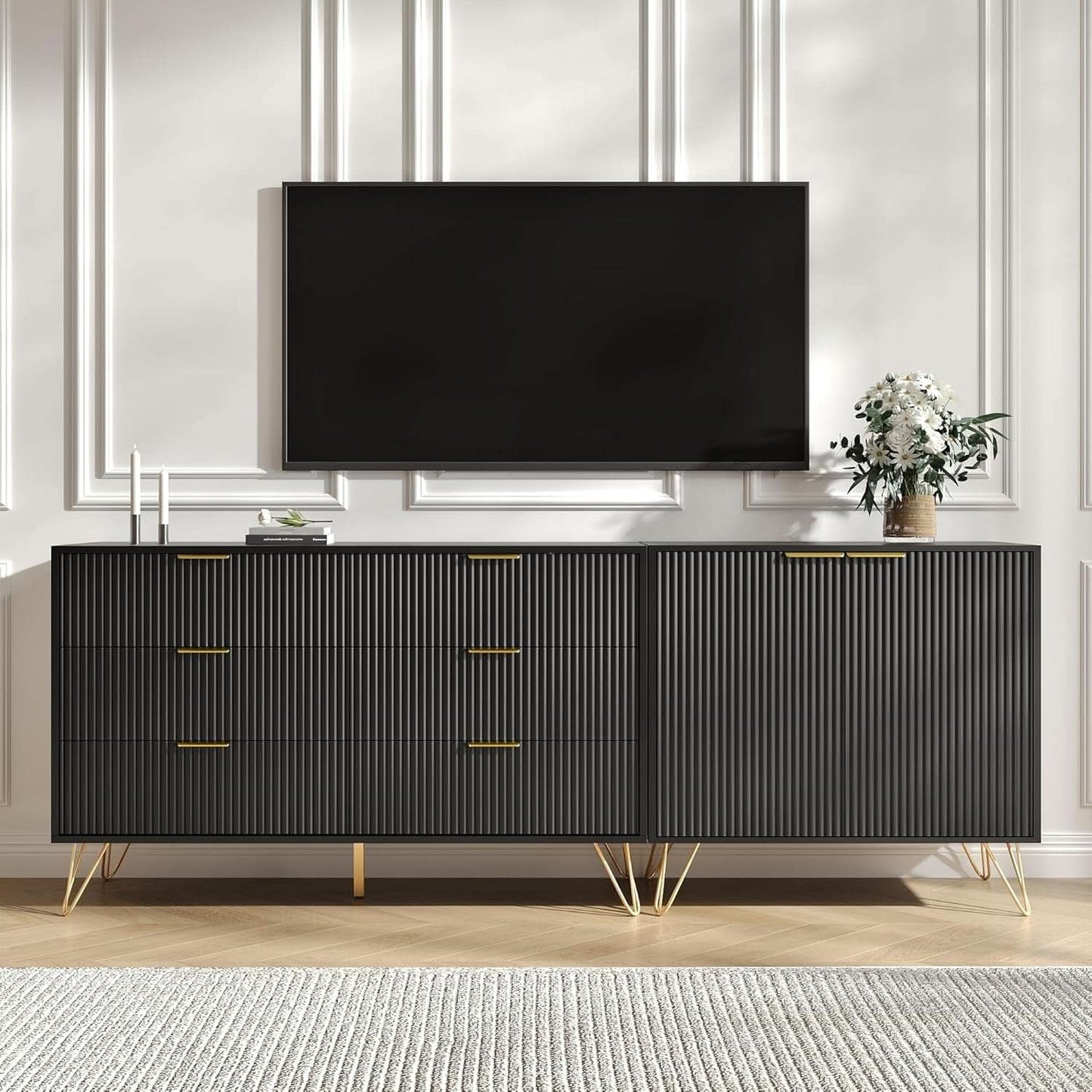 78 Inch TV Entertainment Stand Black With Fluted Shelves