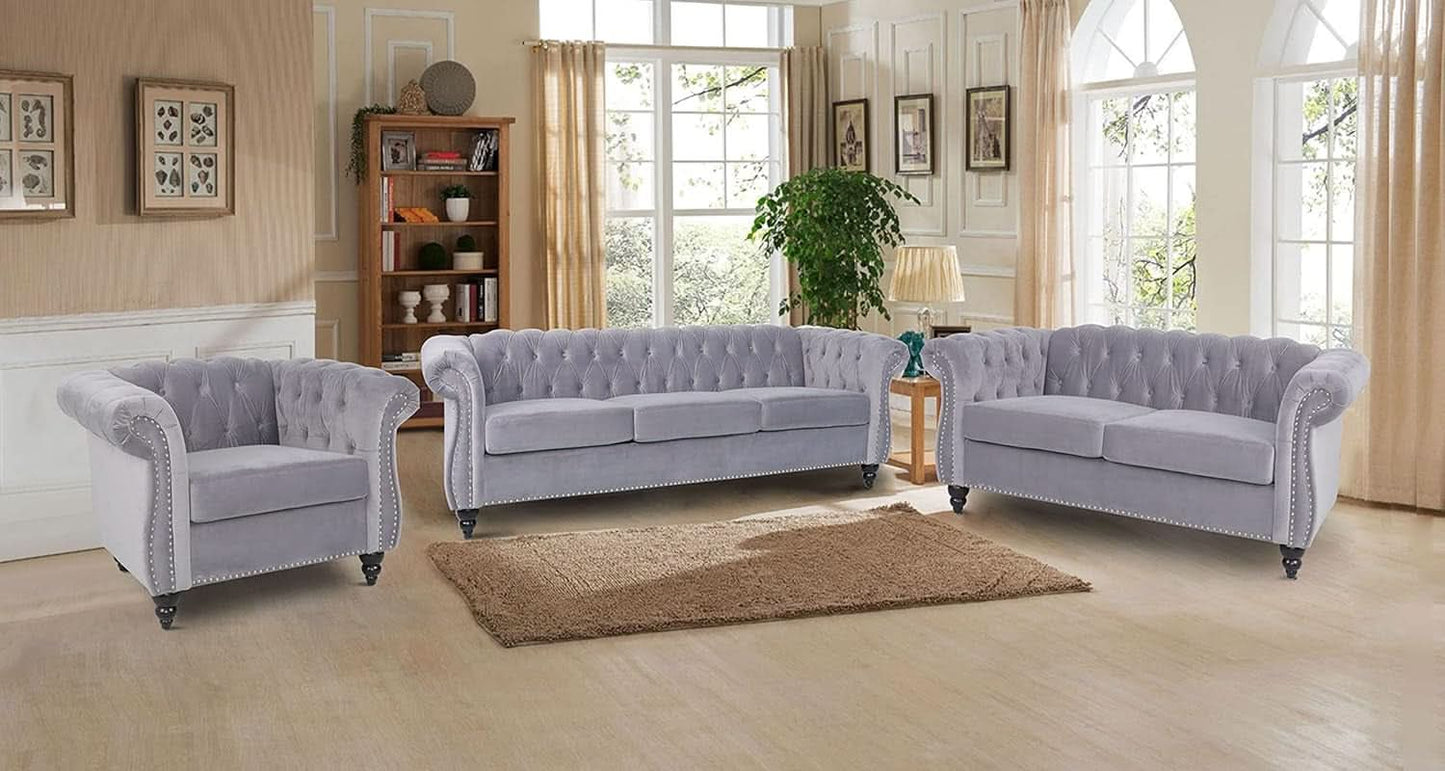 Three Piece Living Room Sofa Set Grey Velvet Chesterfield Sofa Club Chair Loveseat Nailhead Trim-2