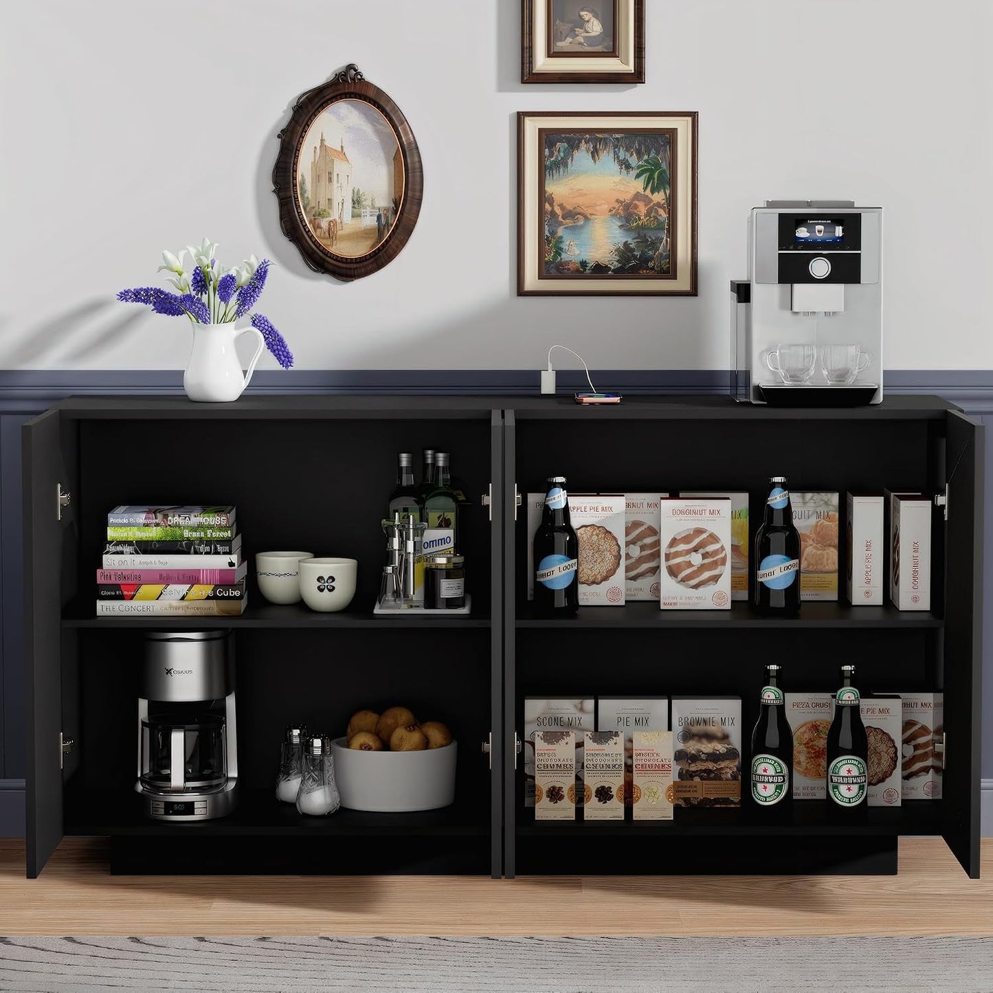 Black High Gloss Buffet Mirror Storage LED Charging
