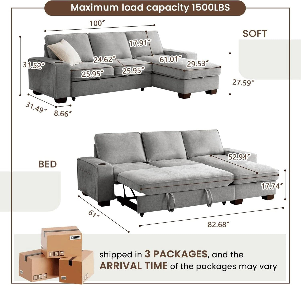 Gray 99In LShaped Memory Foam Cushion Sleeper Sofa Covers
