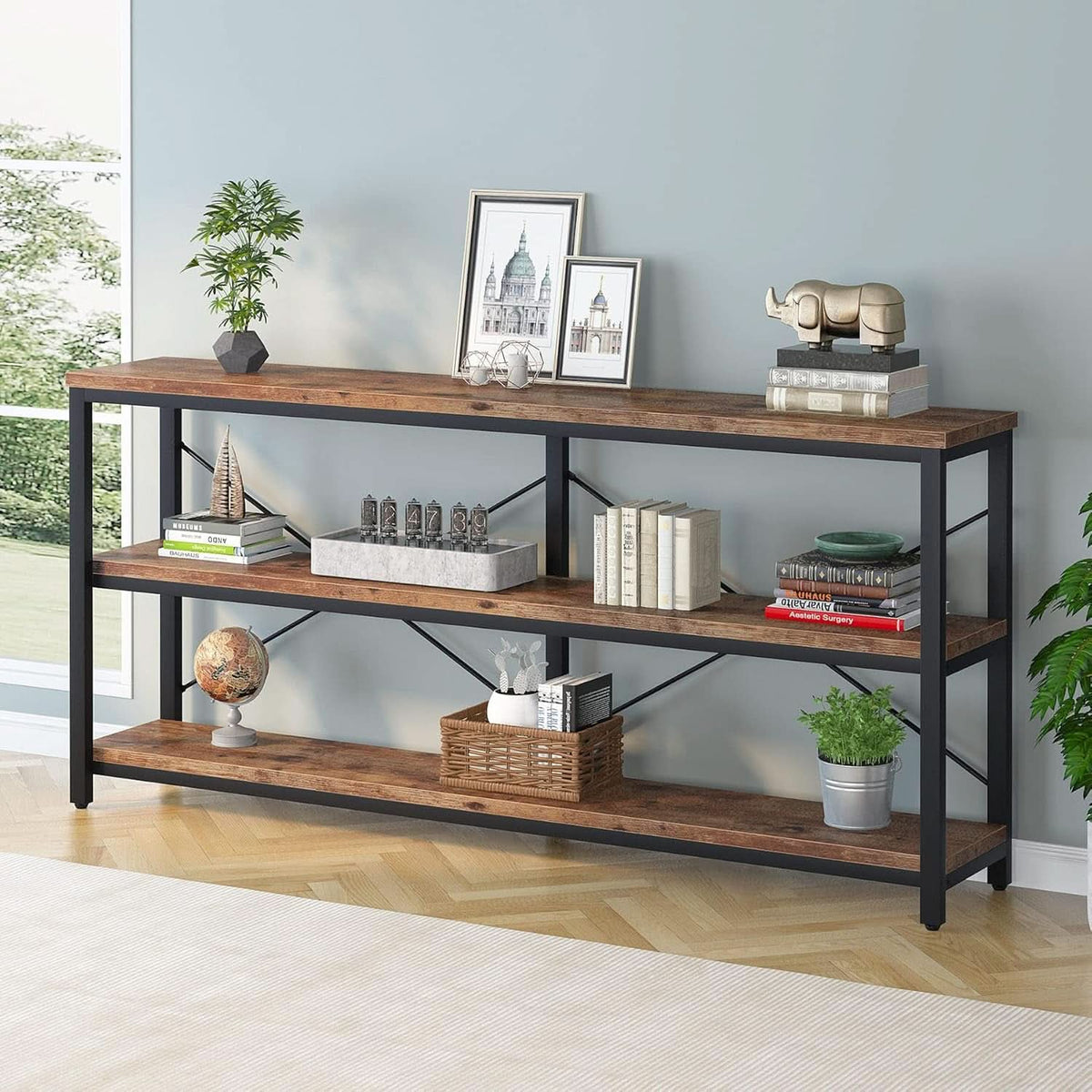 70 Inch Weathered Rustic Brown Sofa Console Table Three Tier