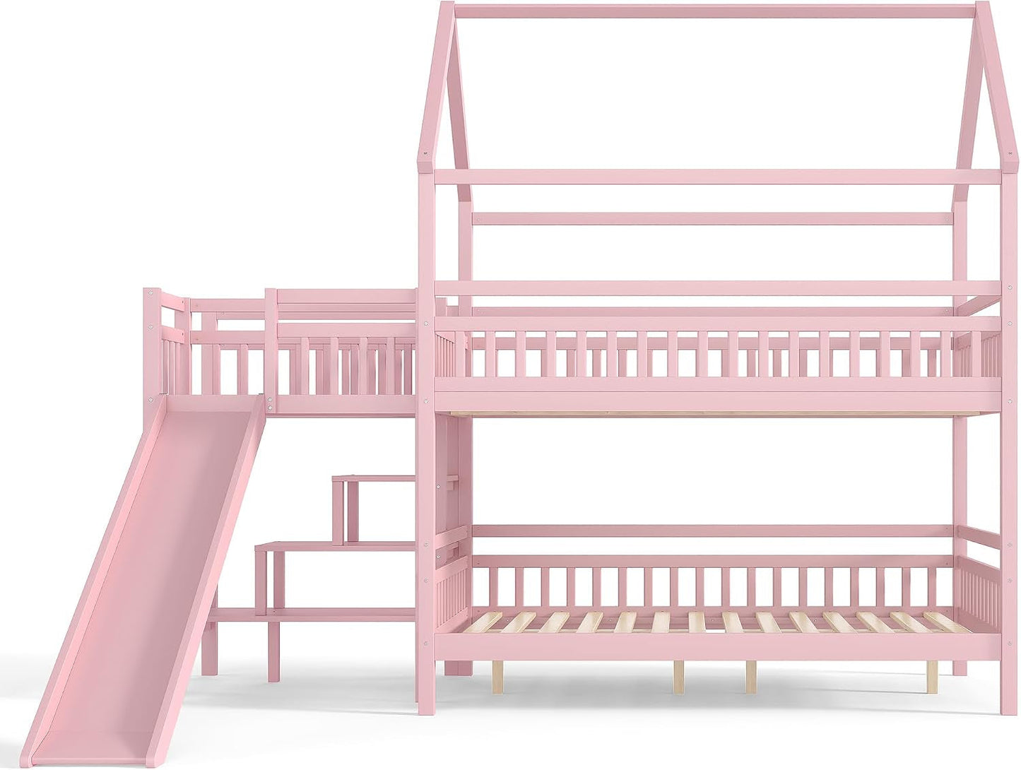 Pink Full Over Full Bunk Bed Playhouse With Stairs Storage