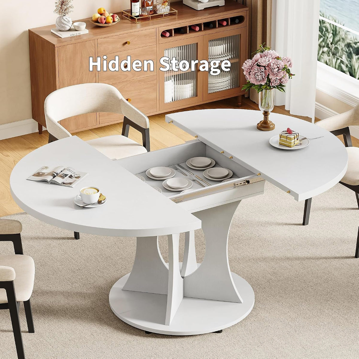 White Round Extendable Dining Table Pedestal Storage