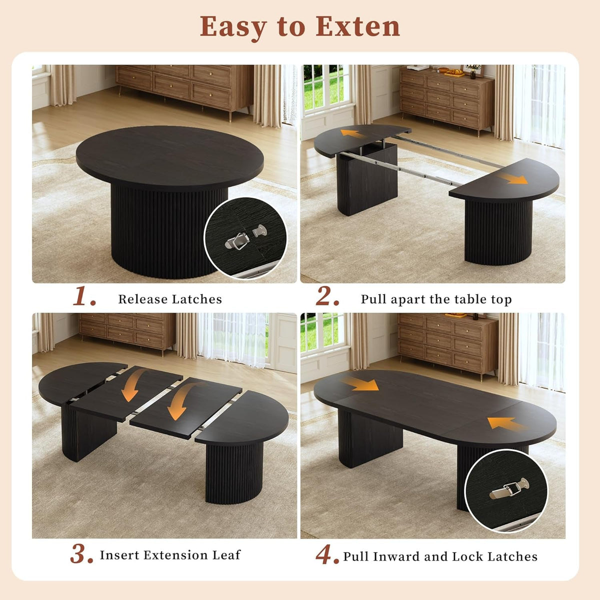 Black Modern Farmhouse Extendable Round Dining Table