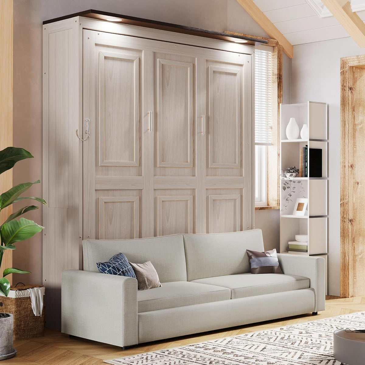 Queen Size Murphy Wallbed Beige With Convertible Sofa LED-3