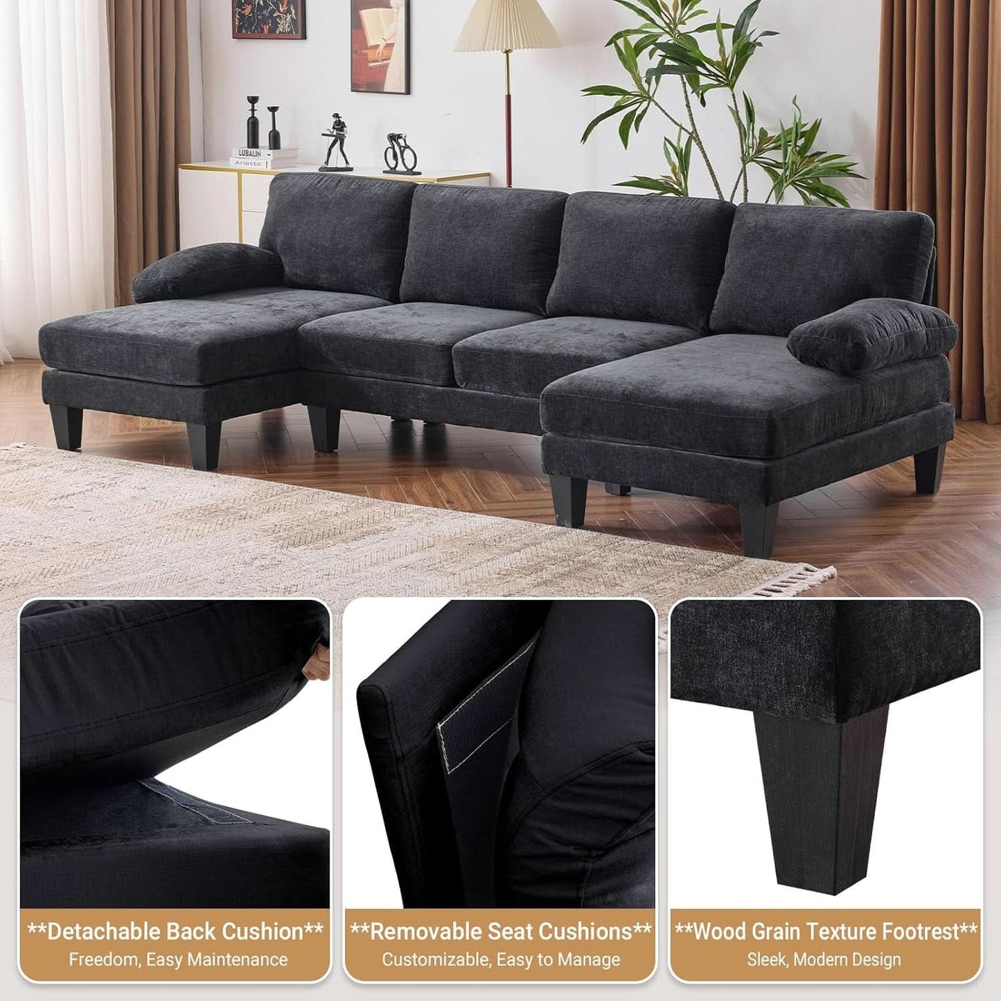 110 Inch U Shaped Sectional Couch For Living Room With Double Chaise In Chenille Fabric Black