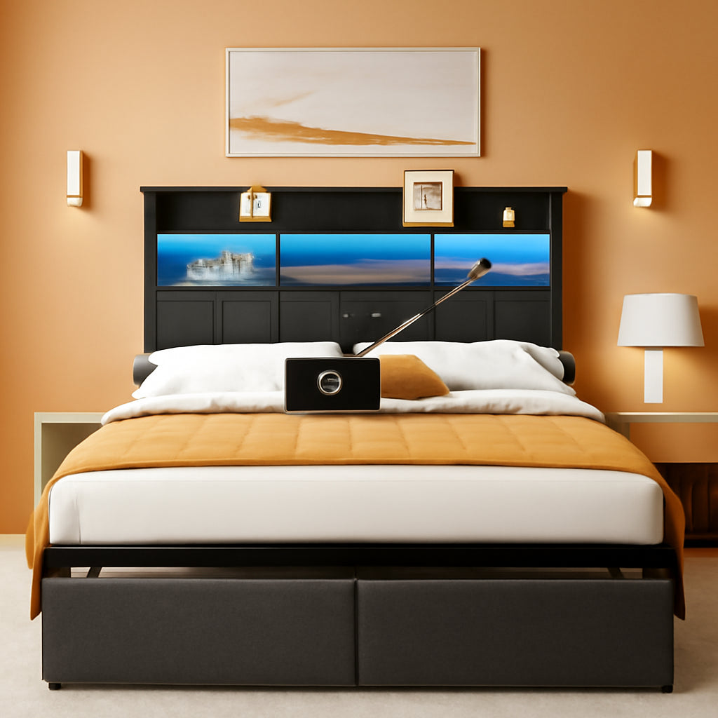 Queen Upholstered Platform Bed Frame Black Drawers
