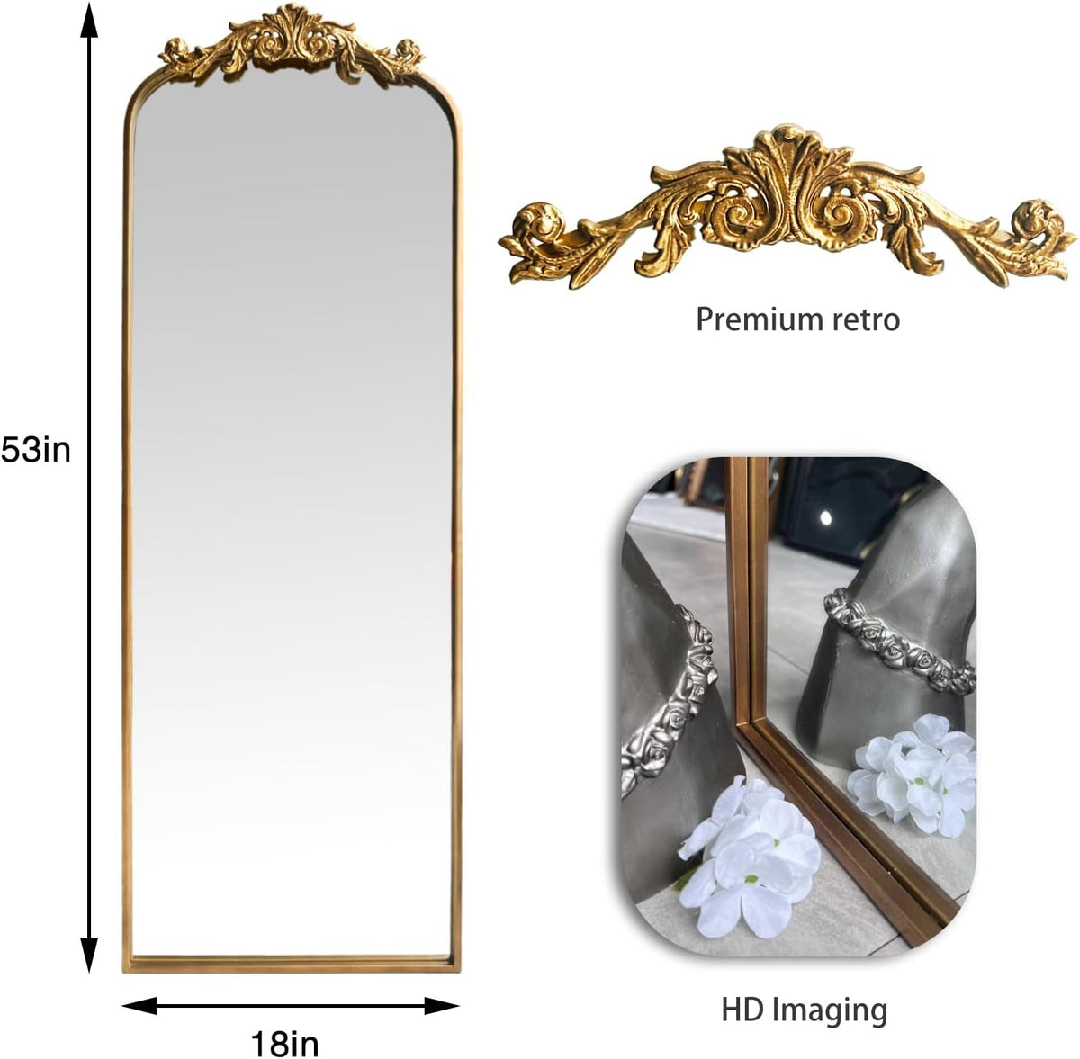 Oversized Gilded Antique Arched Floor Mirror 18x53