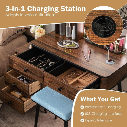 Makeup Vanity Table Featuring Large Illuminated Mirror