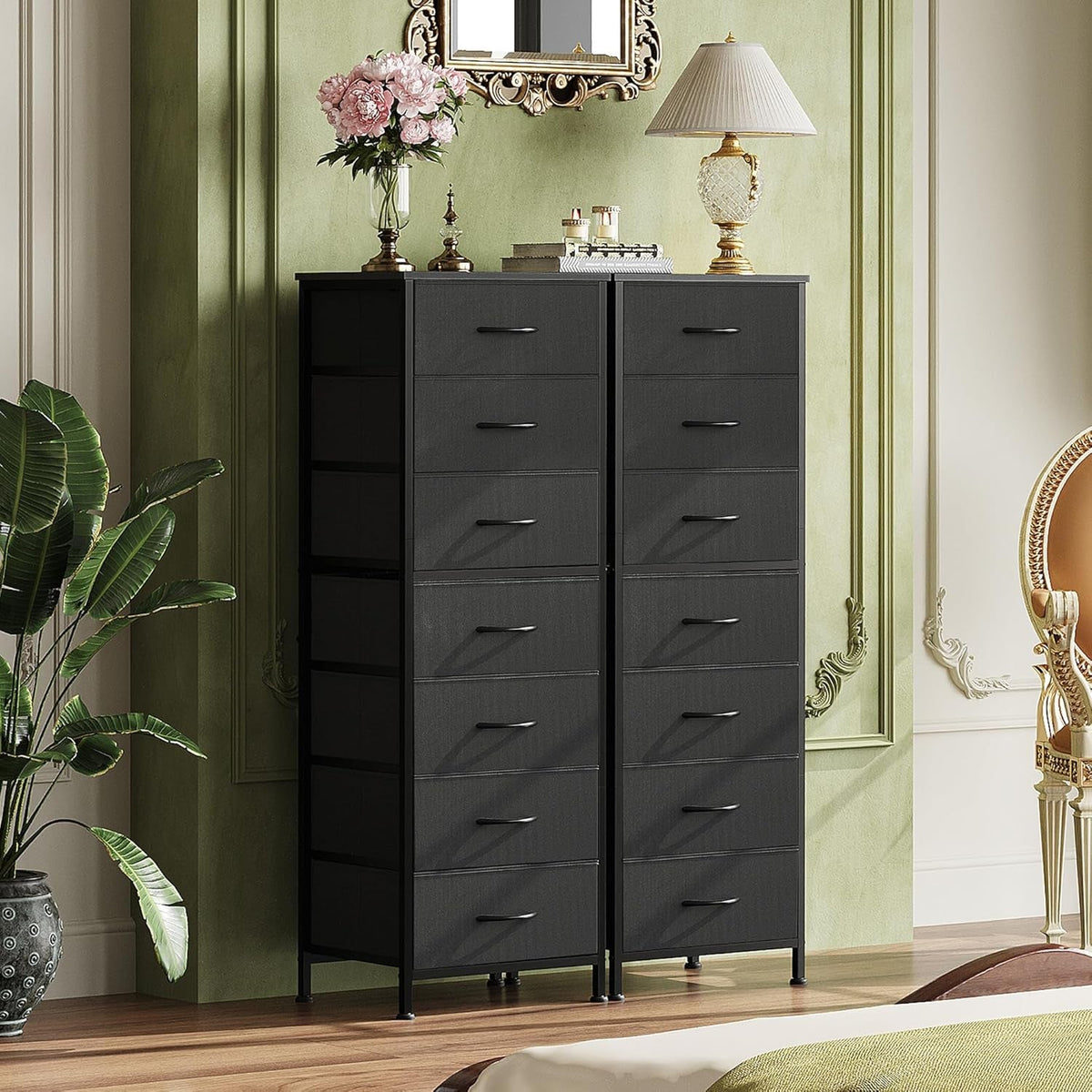 Black Extended Fabric Dresser Vertical Seven Drawers
