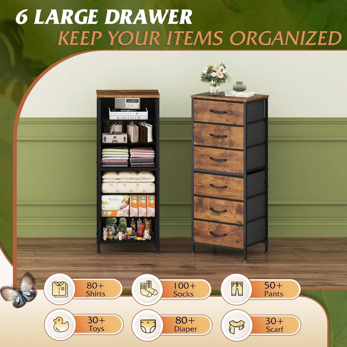 Tall Fabric Dresser With 6 Drawers And Wood Top Rustic Brown-3