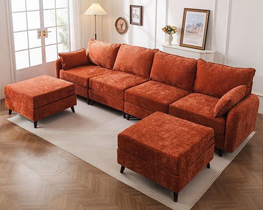 Velvet Orange 135 Modular Sectional Sofa Storage Ottoman