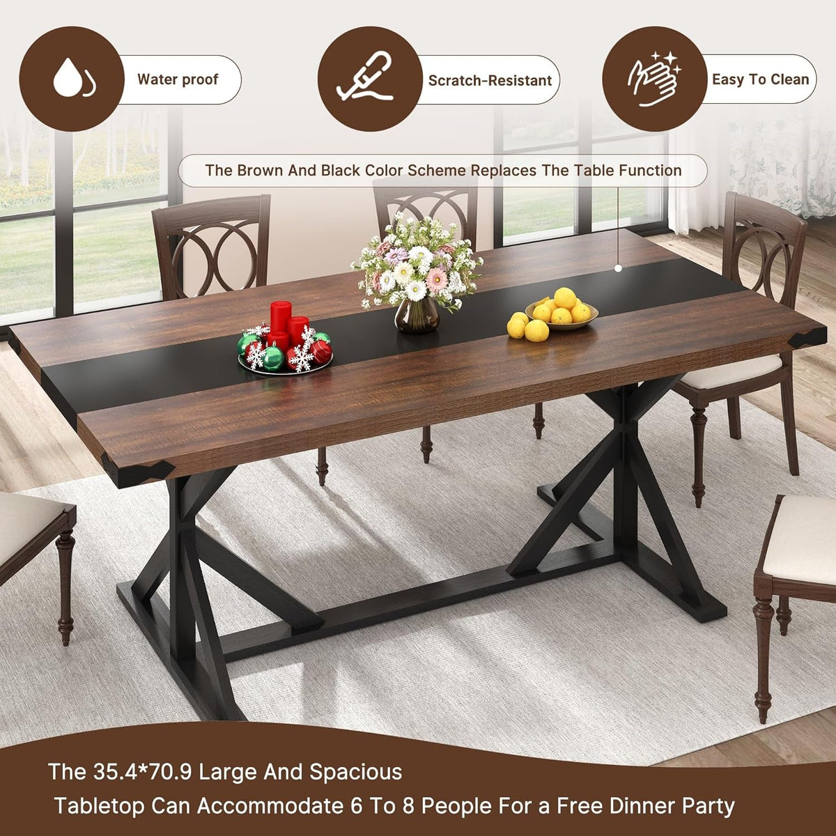 71 Inch Farmhouse Dining Table Waterproof Table top