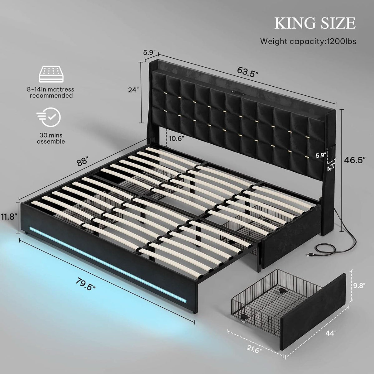 King Size Black Bed Frame Storage Drawers Charging Station