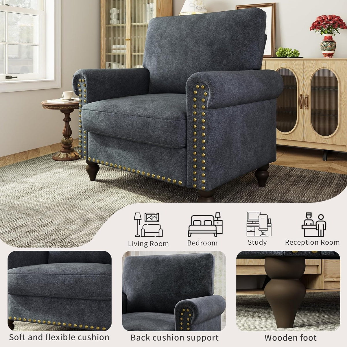 Dark Grey Upholstered Oversized Accent Chair 22Inch