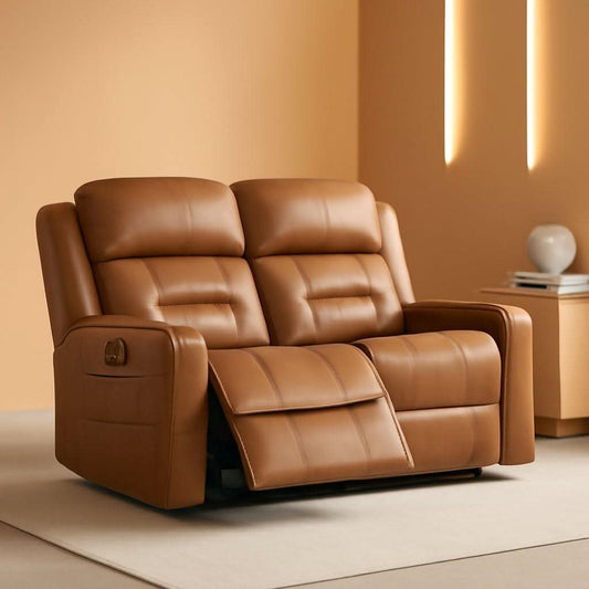 Saddle Brown Leather Power Headrest Loveseat Recliner