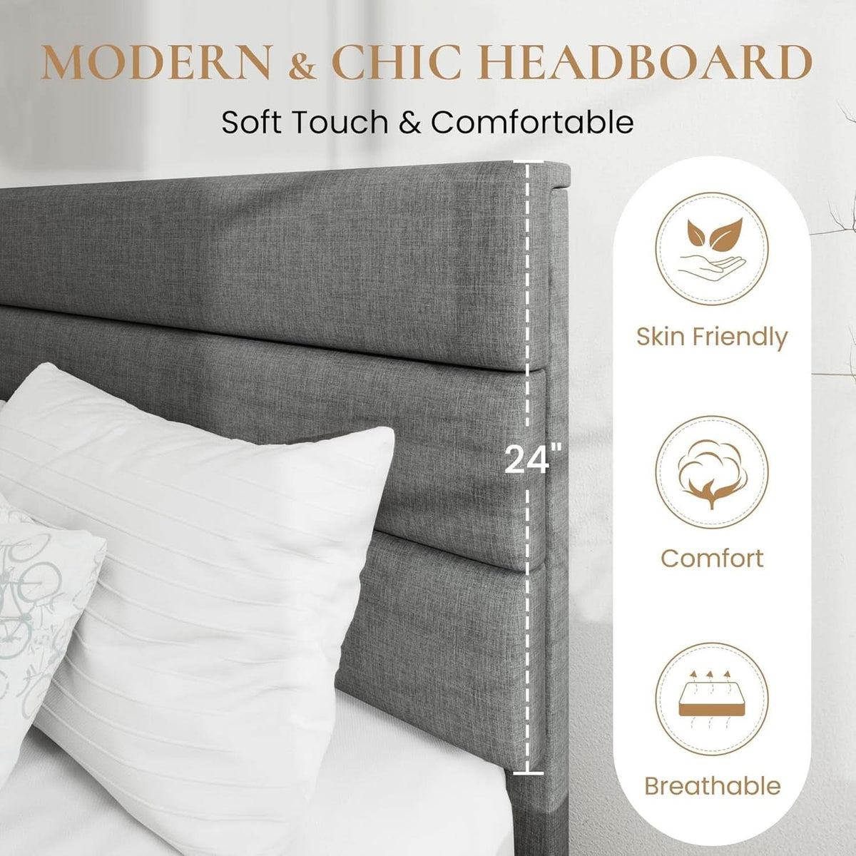 Full Size Upholstered Bed Frame With Grey Headboard
