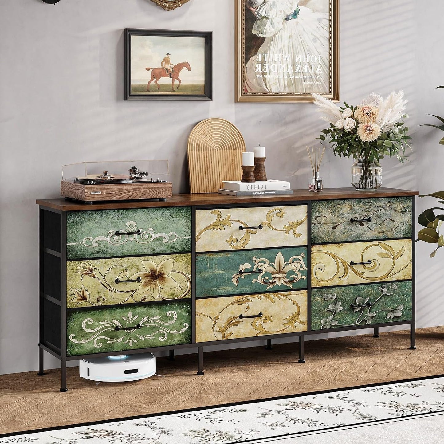Oversize Nine Drawer Fabric Dresser Floral Pattern