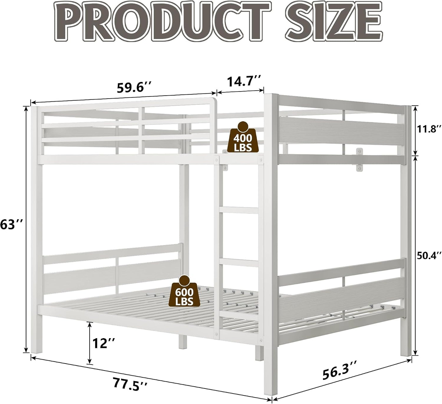 White Heavy Duty Metal Bunk Bed Full Over Full Ladder