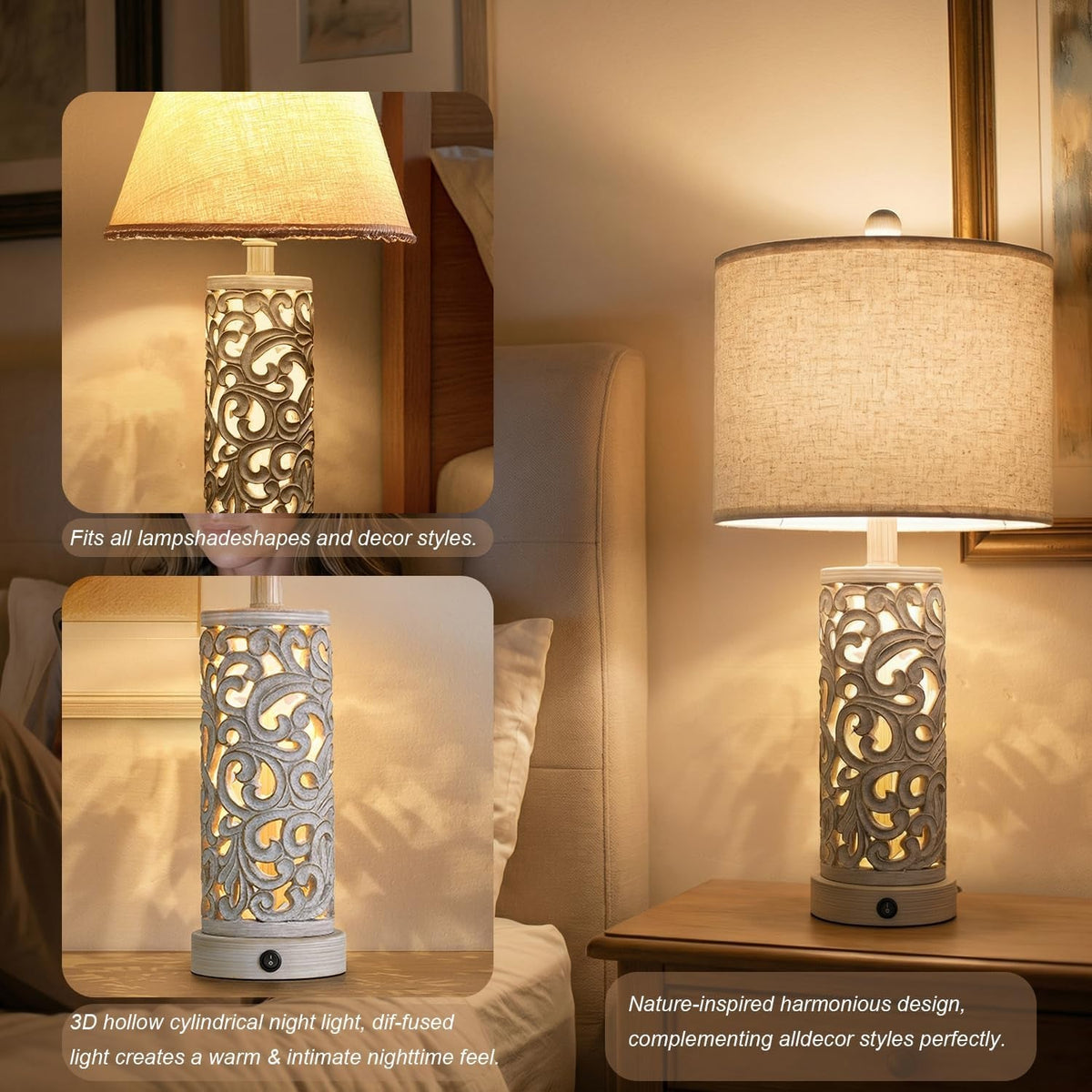 22 Inch Farmhouse Bedside Lamps with USB Night Light Set of 2