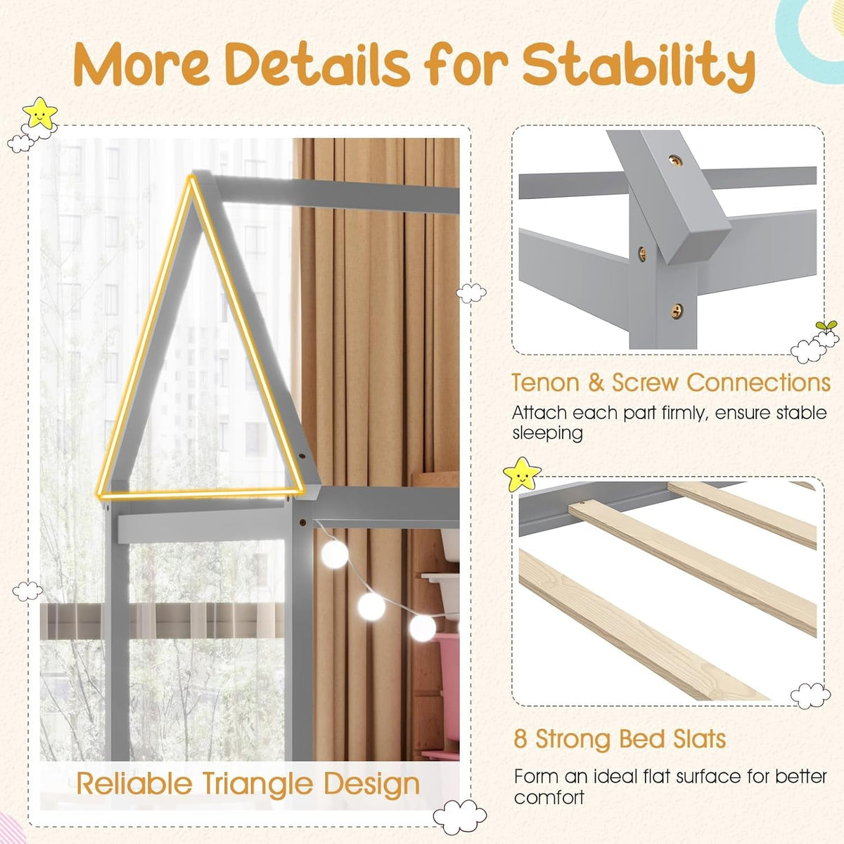 Grey Twin Montessori Playhouse Bedstead Slats Frame