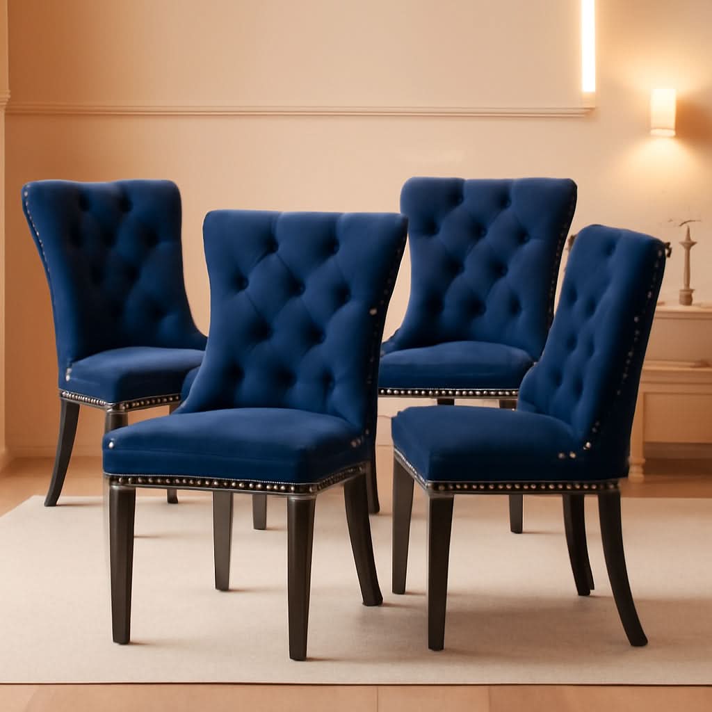 Tufted Velvet Dining Chairs Set of 4 Blue With Nailhead Back