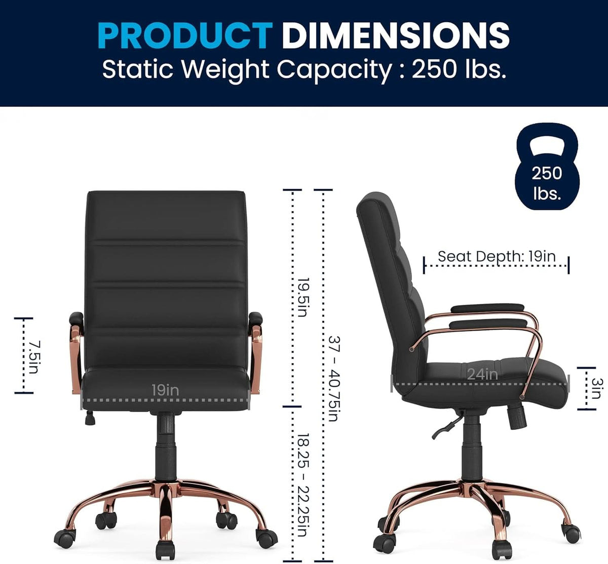 Whitney Mid Back LeatherSoft Desk Chair With Adjustable Height Black Rose Gold