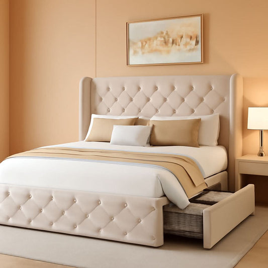 Queen Size Bed Frame Beige Upholstered Tufted Head board