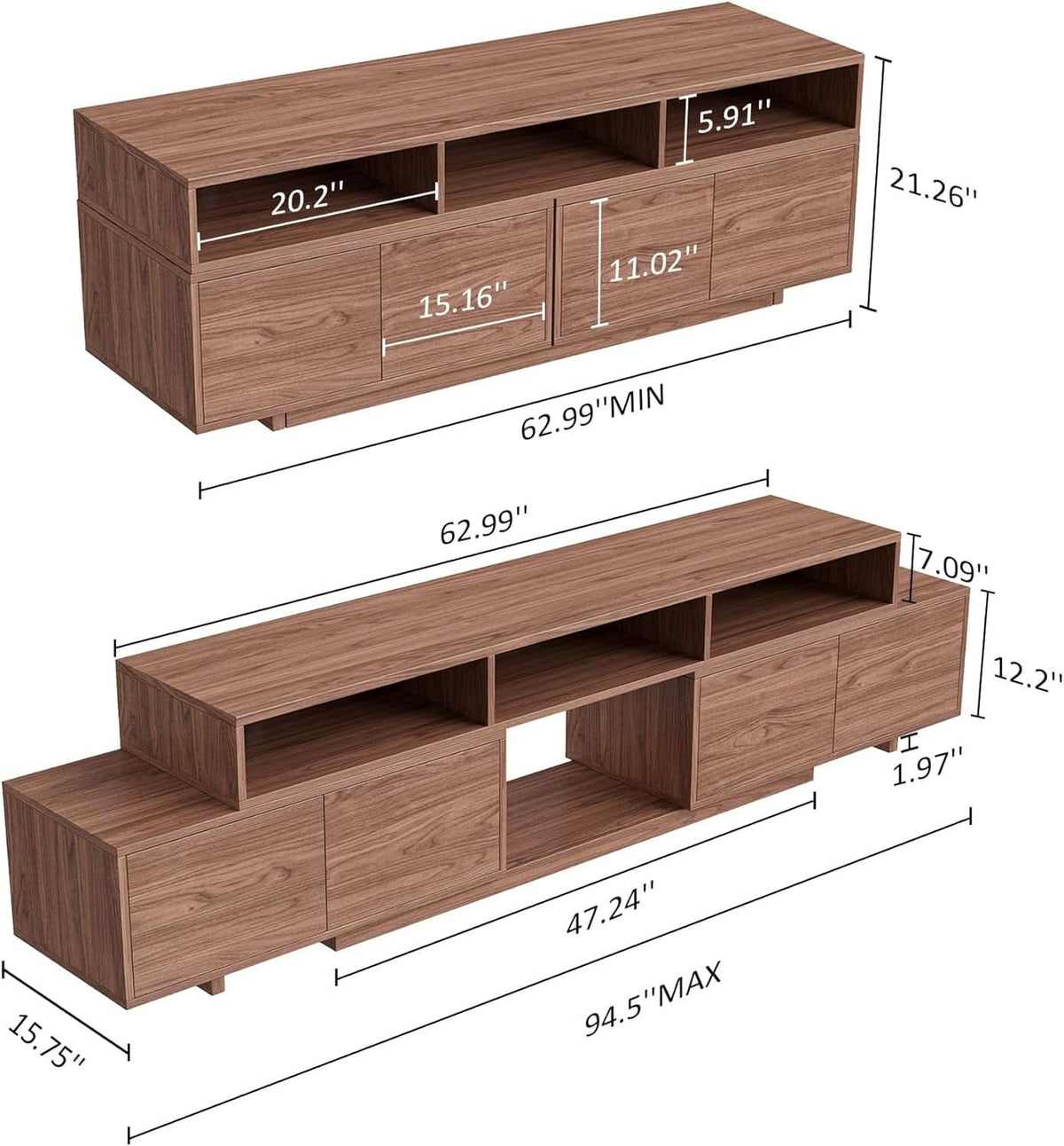 Walnut Extendable Entertainment Center 63 To 94 Inches Wide