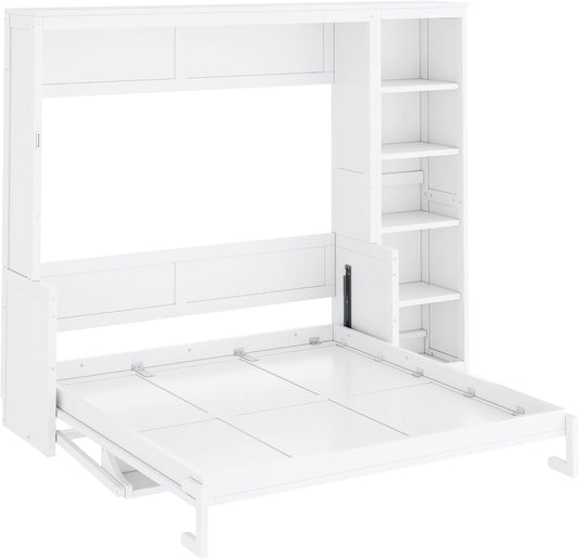 Queen Murphy Bed Desk Workspace Integrated Bookshelf White