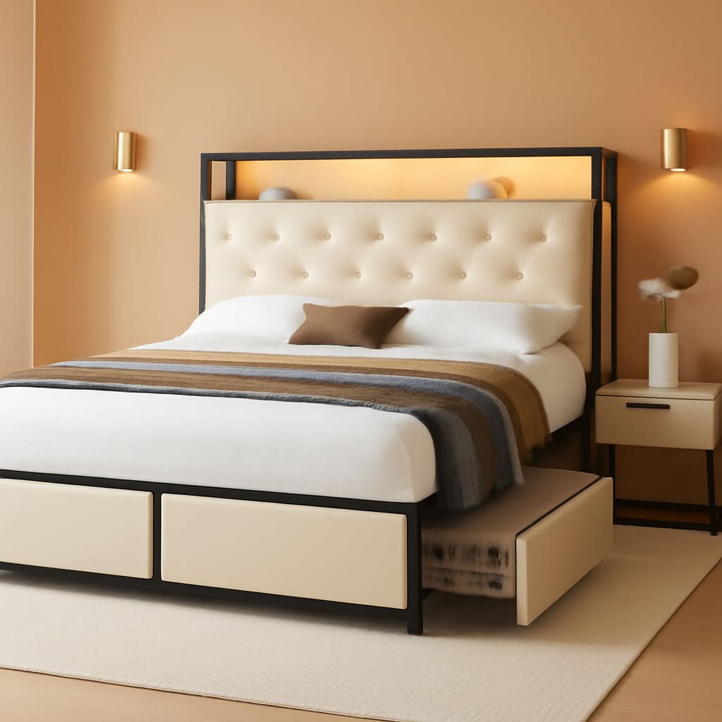 Beige Velvet Platform Bed Frame With Storage Drawers Included