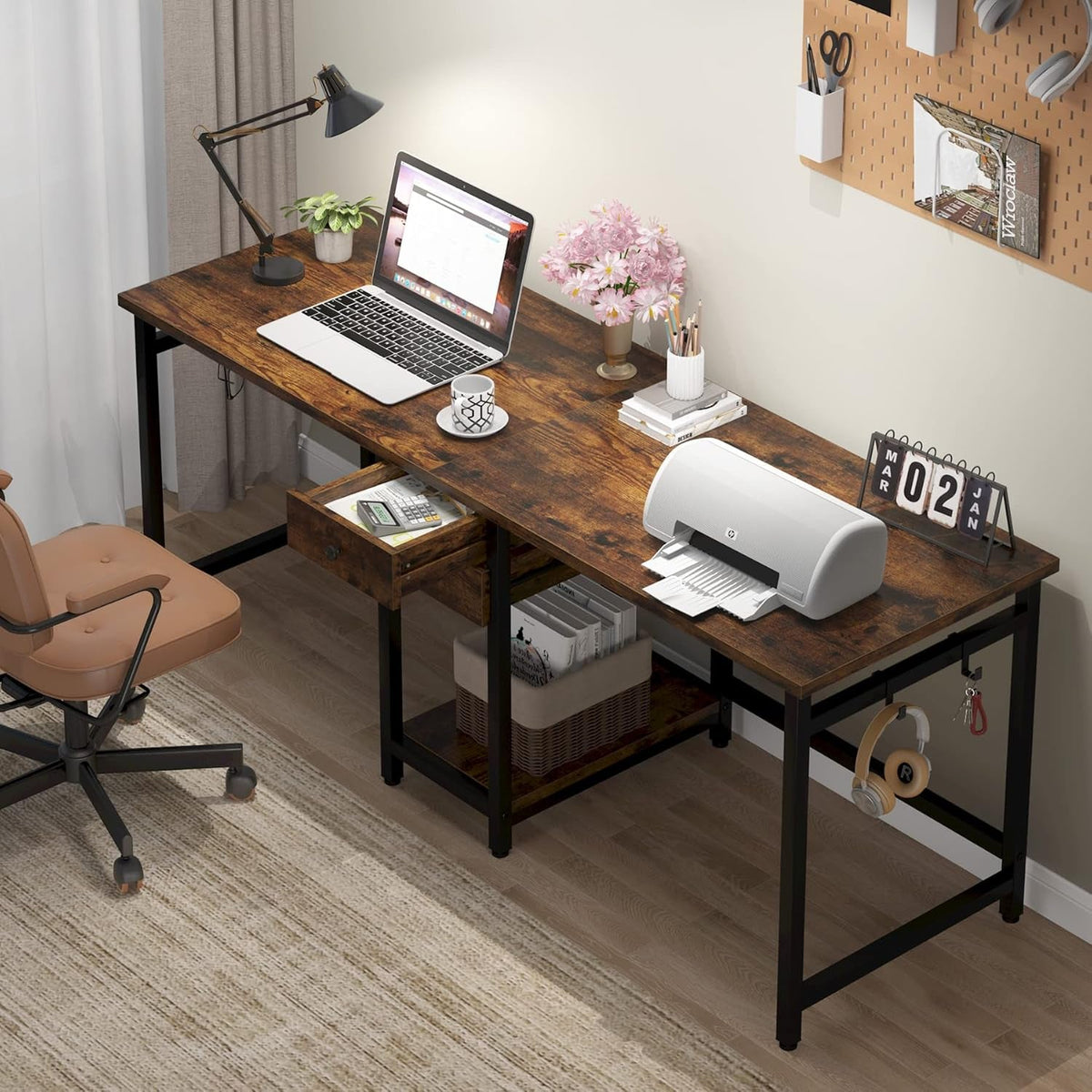 79Inch RusticBrown Double Desk With Storage Drawer