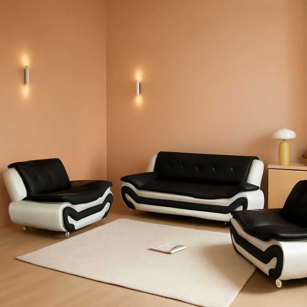 Vegan Leather Sofa Set 3 Piece Living Room Furniture White and Black-0