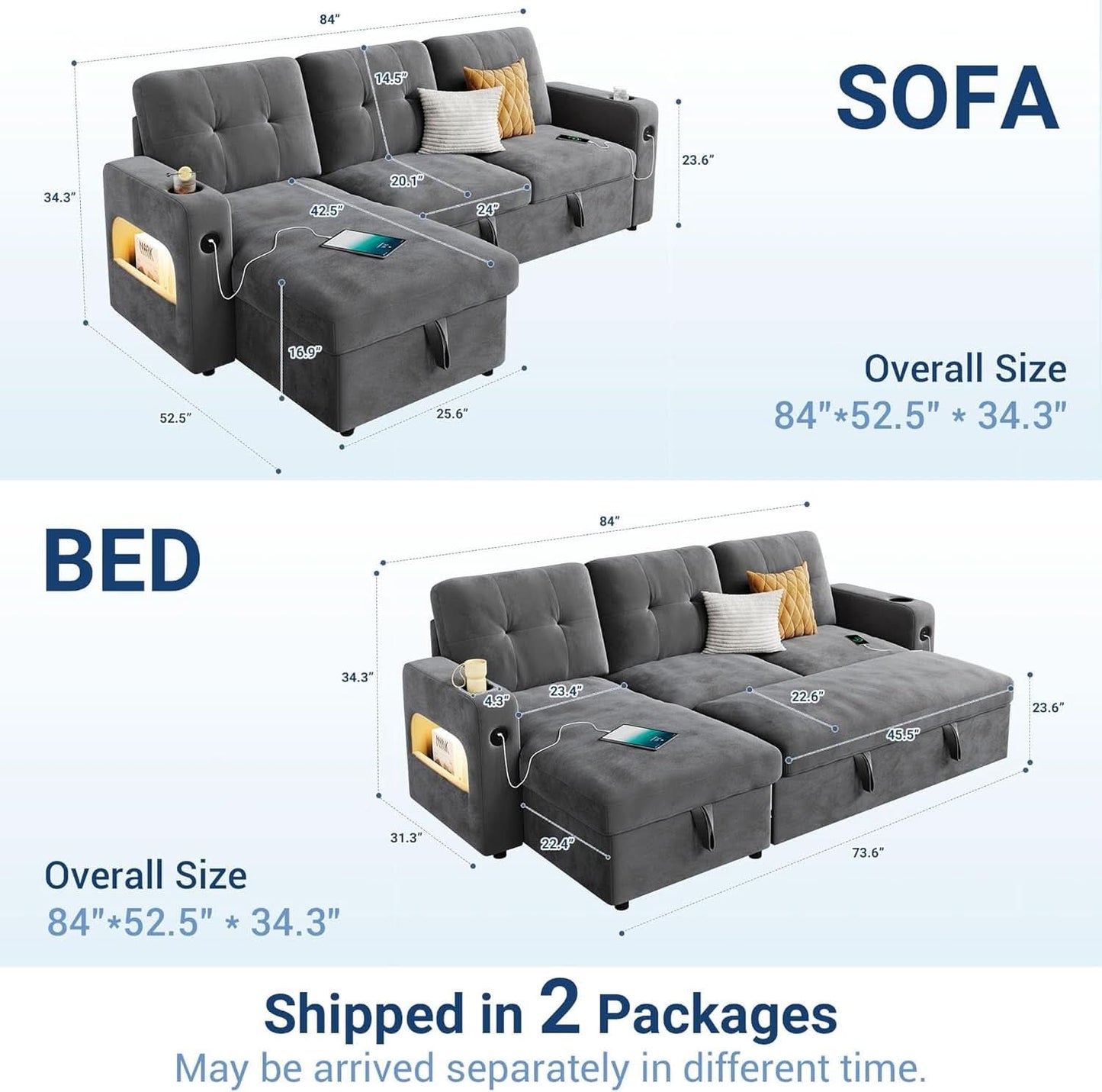84 Inch Sleeper Sofa Bed Dark Grey Velvet With LED Storage