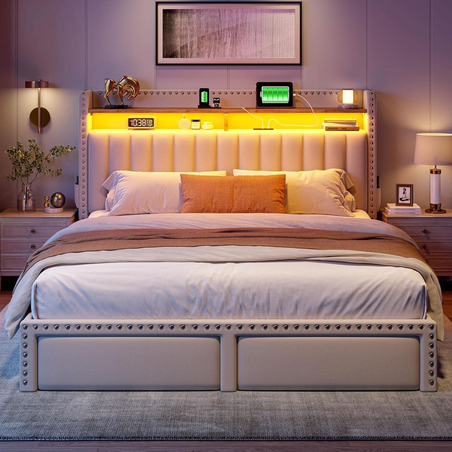 Beige Upholstered Headboard Storage Bed Frame Charging