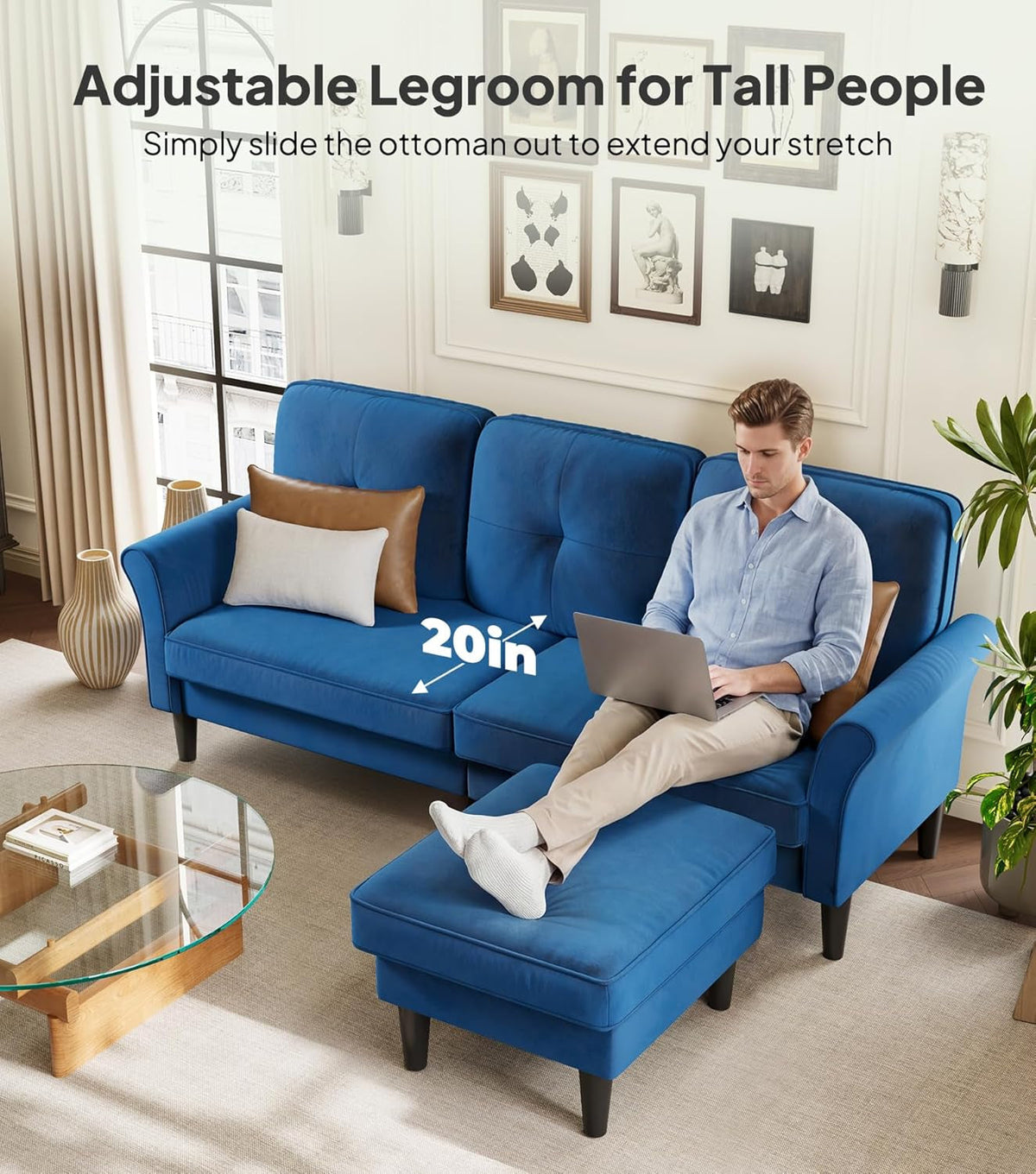 Velvet 83 Inch Sectional Sofa With Movable Ottoman