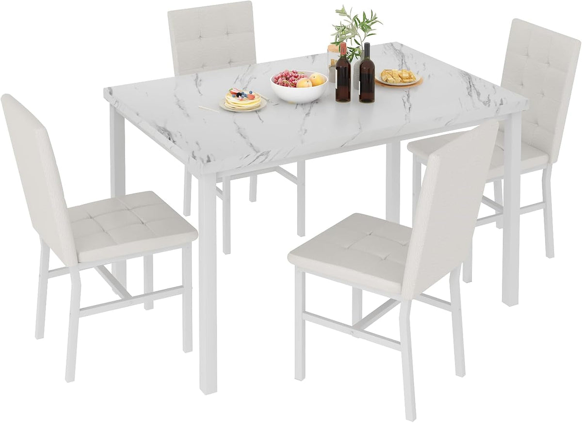 Snow White Marble Patterned Dining Table Set FivePiece